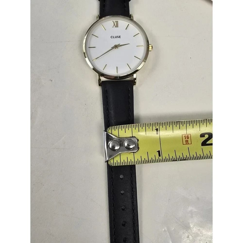 Cluse Minuit Womens Watch 38mm Gold Tone Round White Dial Black Leather Band NWT